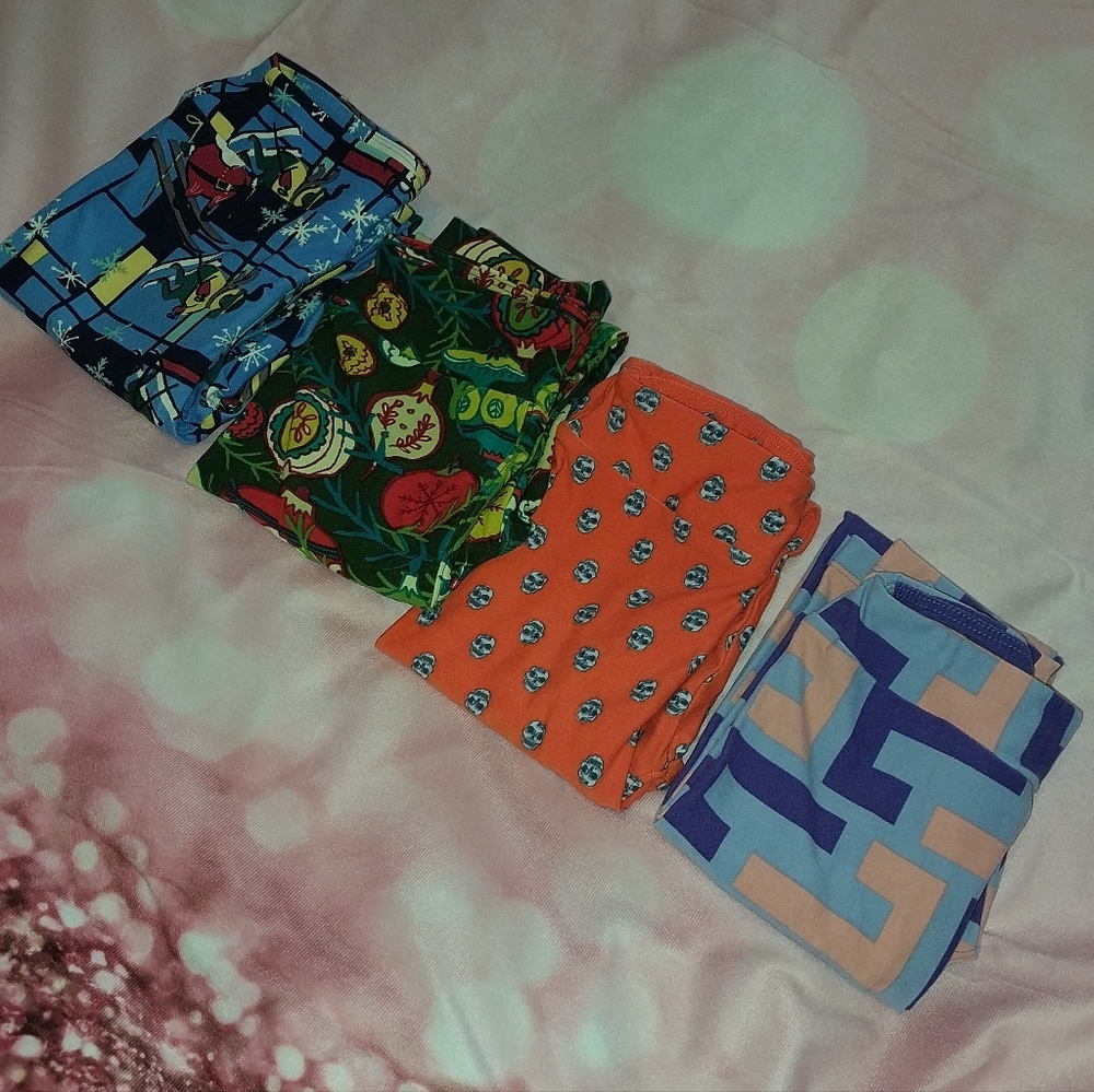 LuLaRoe Kids Leggings (4)- Christmas Leggingd And Orange, Pink Size L XL 7-12